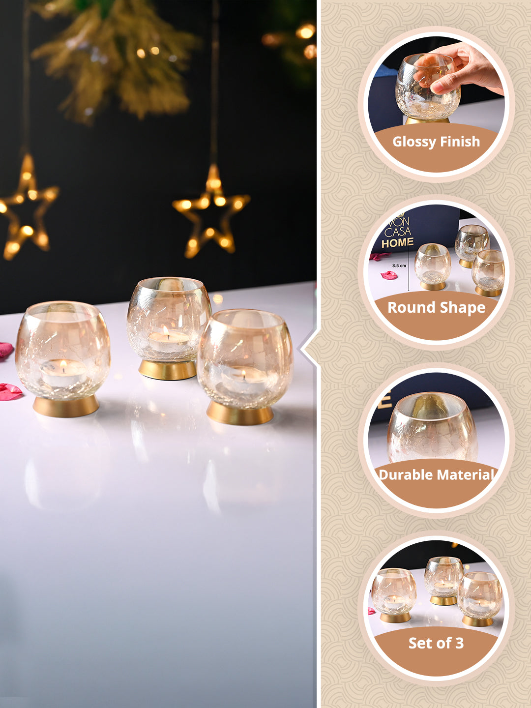 VON CASA Transparent Round Shape T-Light Holder - Set of 3 - MARKET99