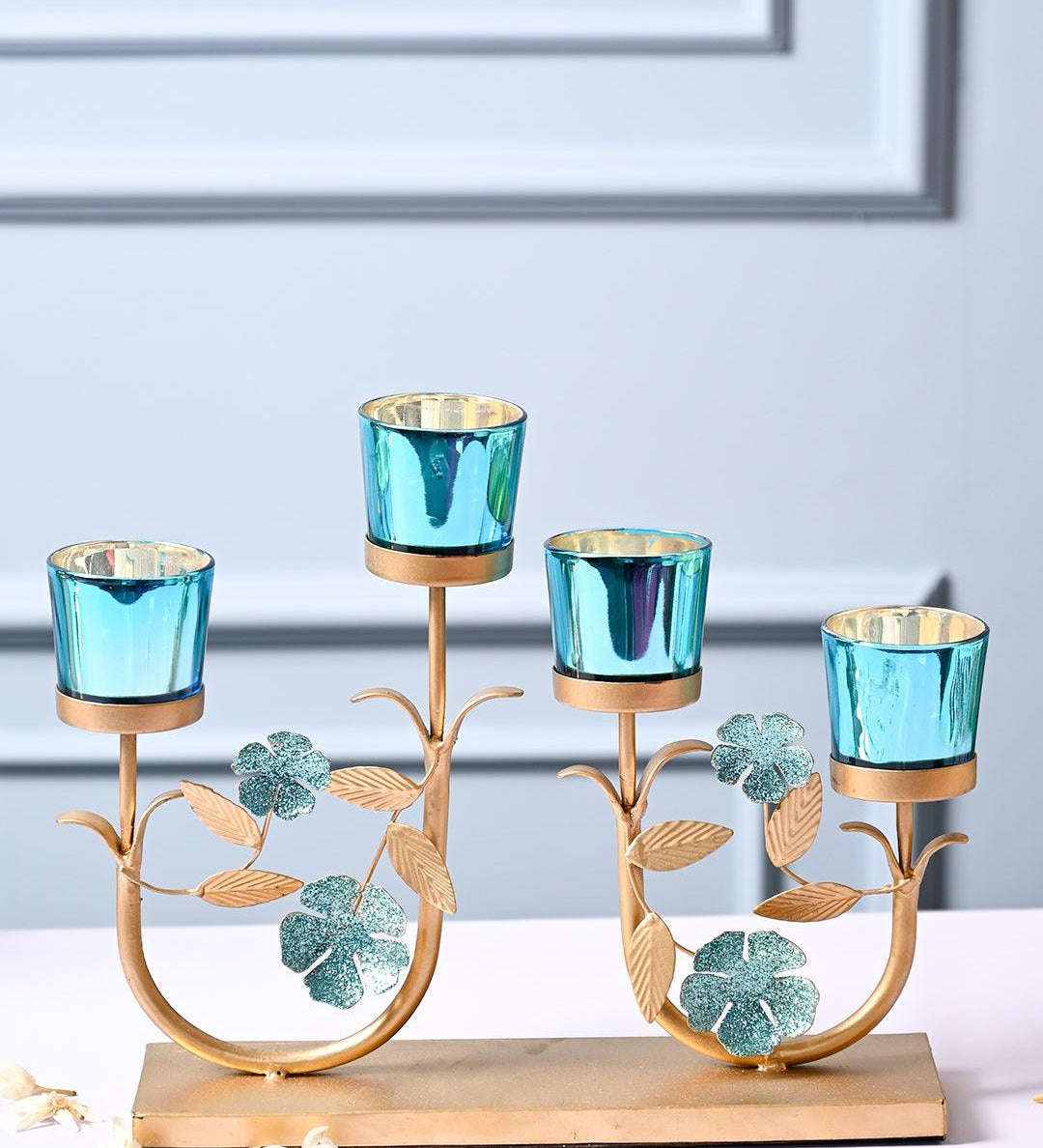 VON CASA 4 Blue Votive With Leaf shape T-Light Holder - MARKET99
