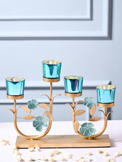 VON CASA 4 Blue Votive With Leaf shape T-Light Holder - MARKET99