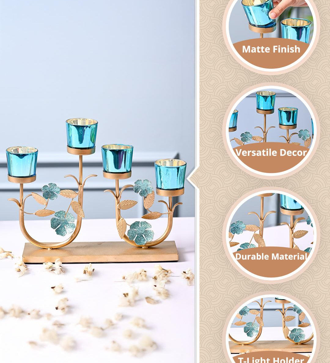 VON CASA 4 Blue Votive With Leaf shape T-Light Holder - MARKET99
