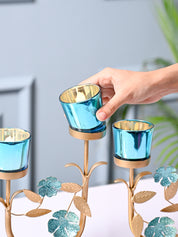 VON CASA 4 Blue Votive With Leaf shape T-Light Holder - MARKET99