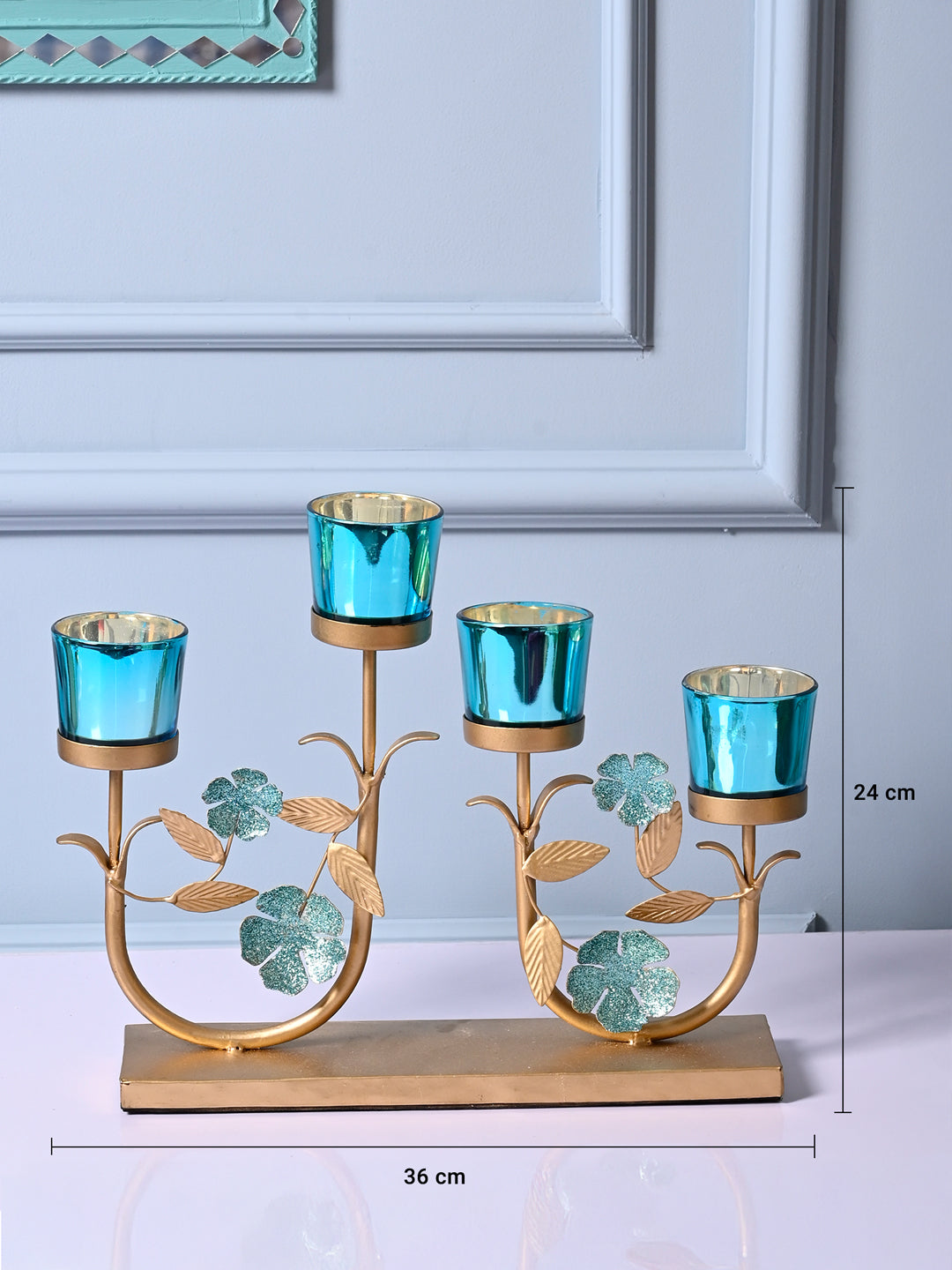 VON CASA 4 Blue Votive With Leaf shape T-Light Holder - MARKET99