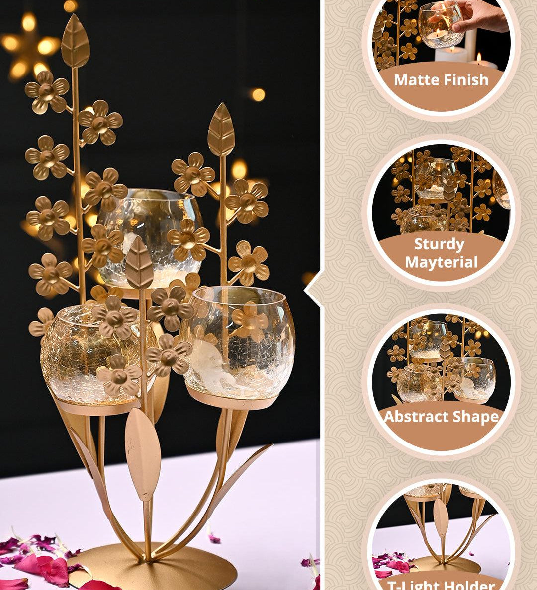 VON CASA Golden Abstract Shape T-Light Holder - MARKET99