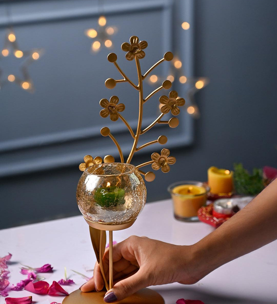 VON CASA Golden Abstract Shape T-Light Holder - MARKET99