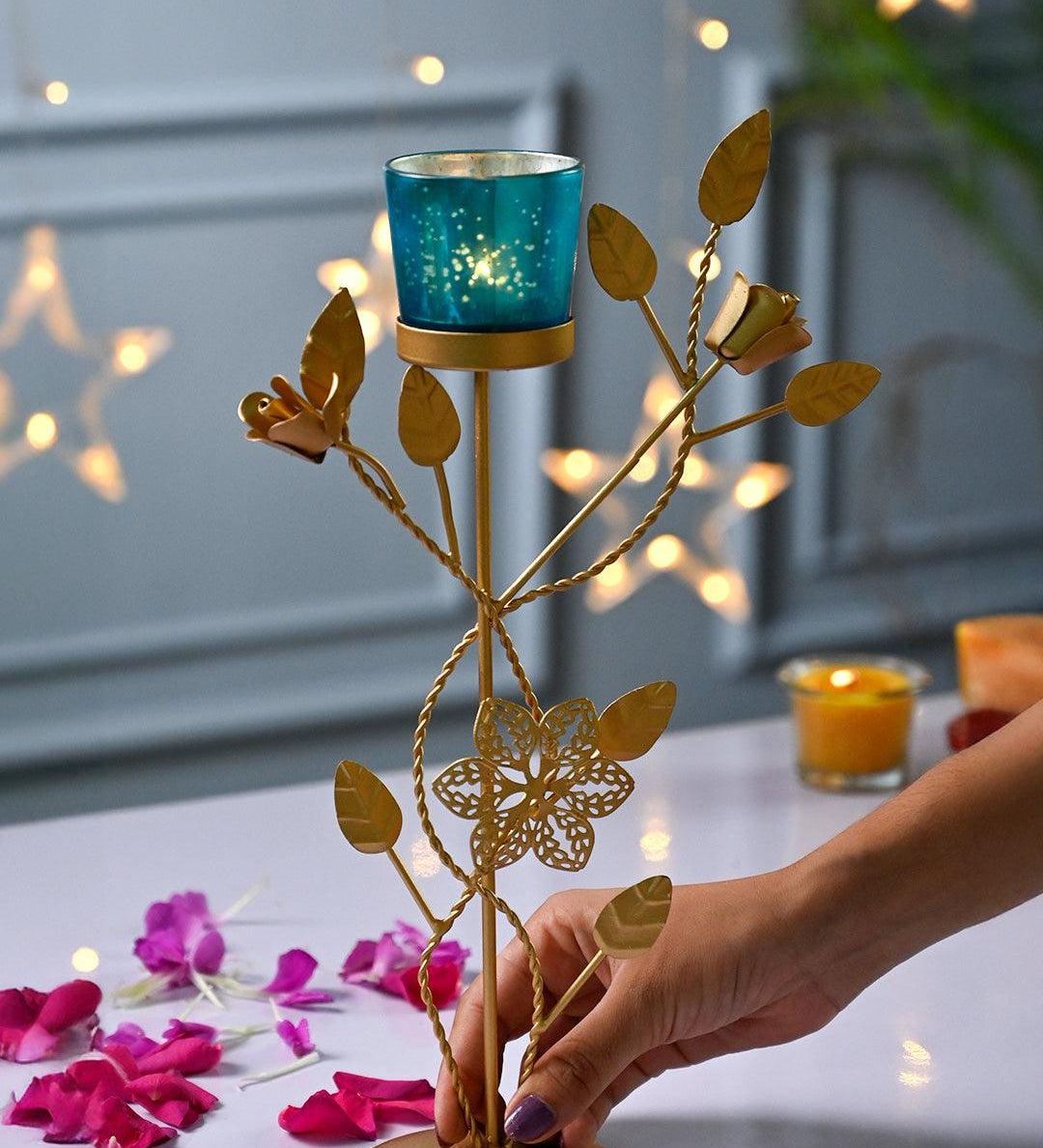 VON CASA Blue Leaf Shape T-Light Holder - MARKET99