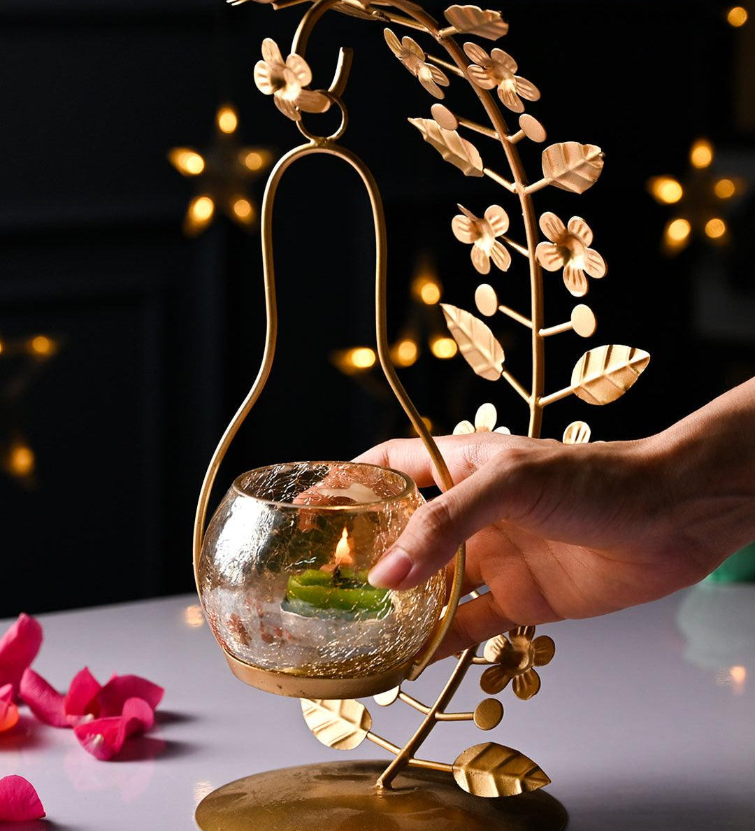 VON CASA Golden Abstract Leaf Shape T-Light Holder - MARKET99