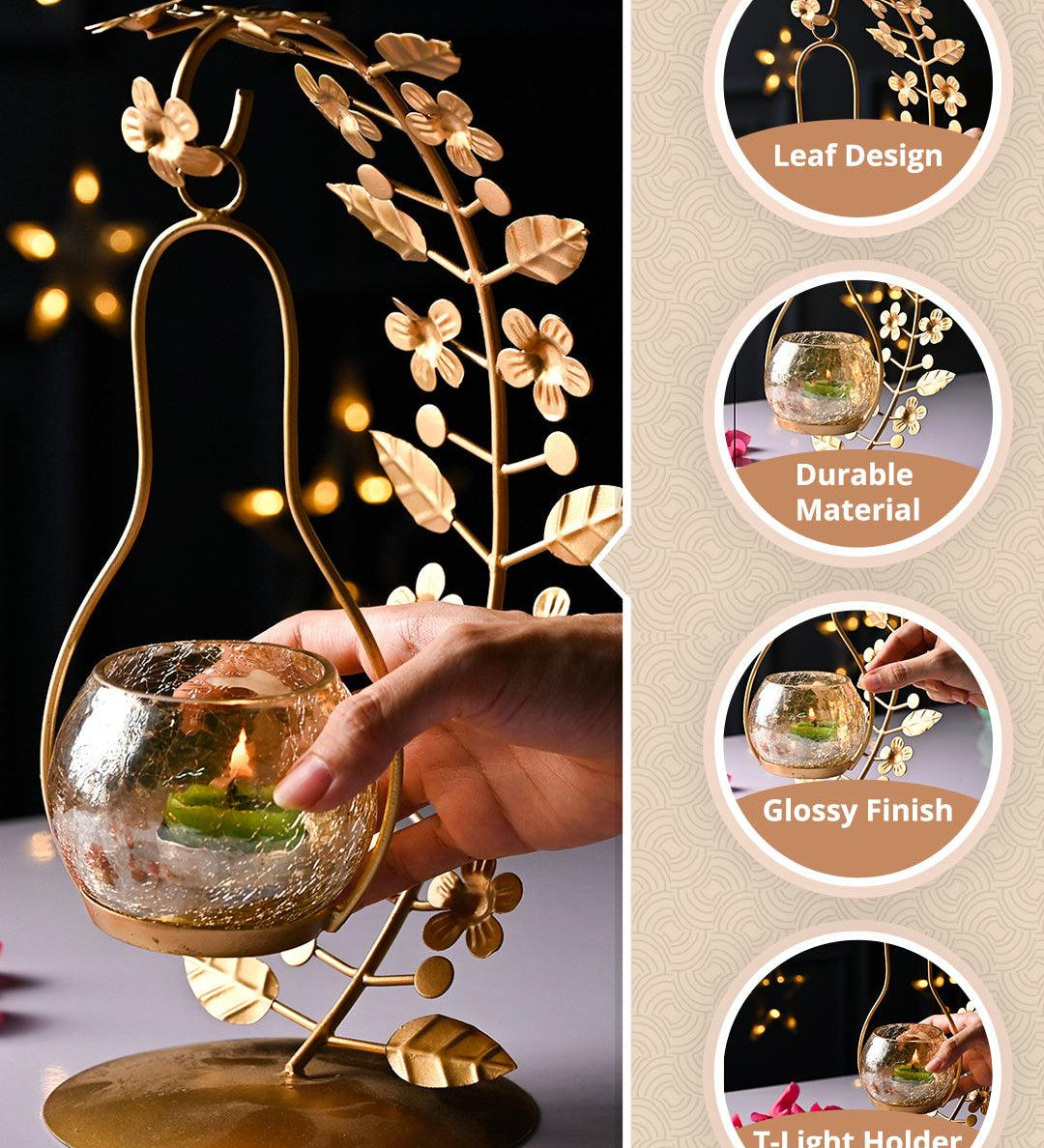 VON CASA Golden Abstract Leaf Shape T-Light Holder - MARKET99