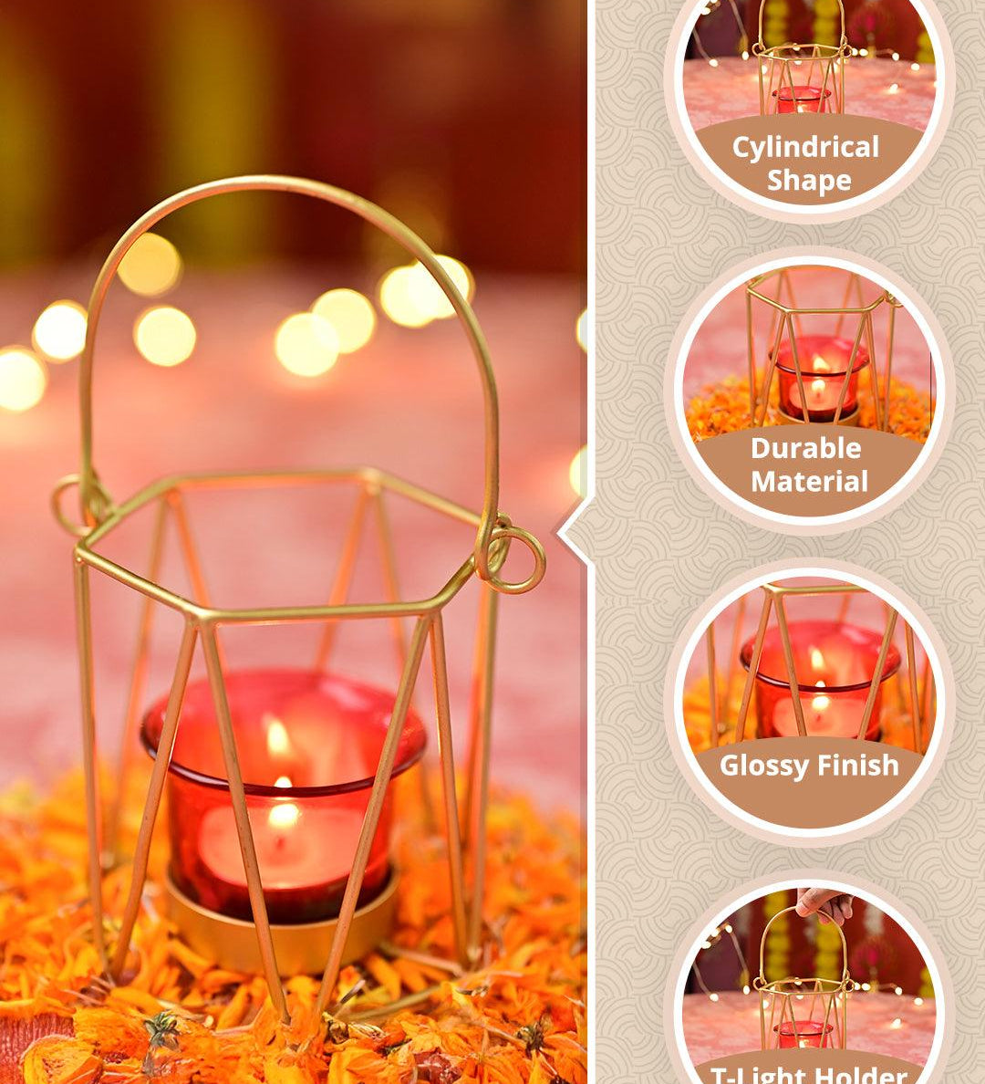 VON CASA Red & Golden T-Light Holder - MARKET99