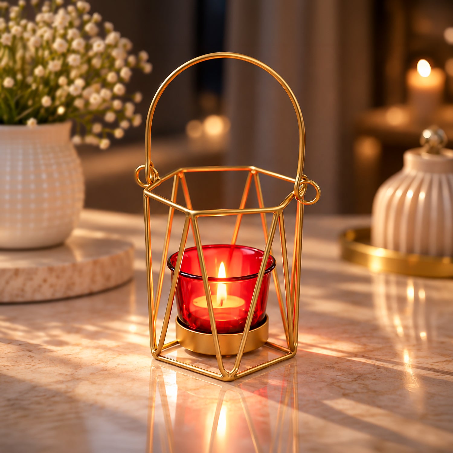 VON CASA Red & Golden T-Light Holder