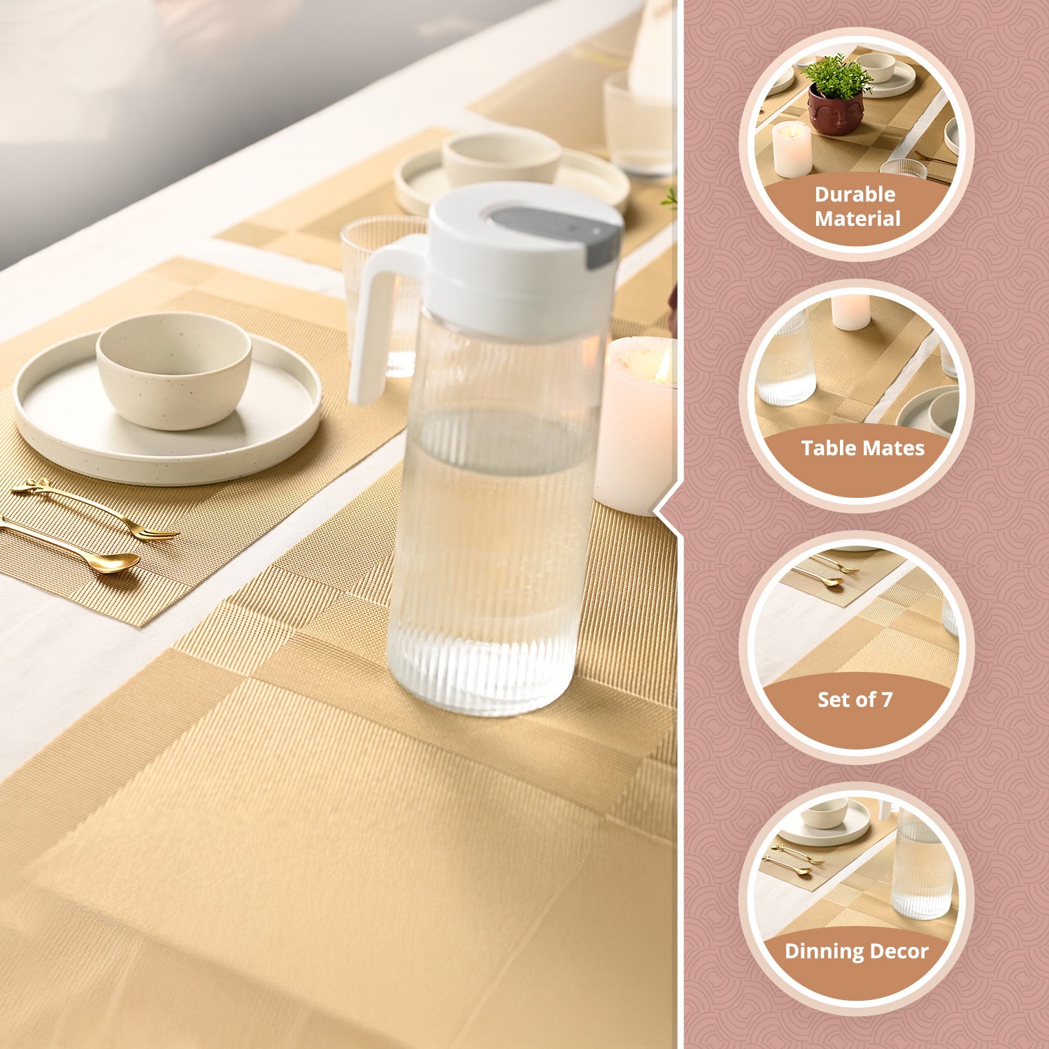 VON CASA Golden Table Runner with Placement Pack Of 7