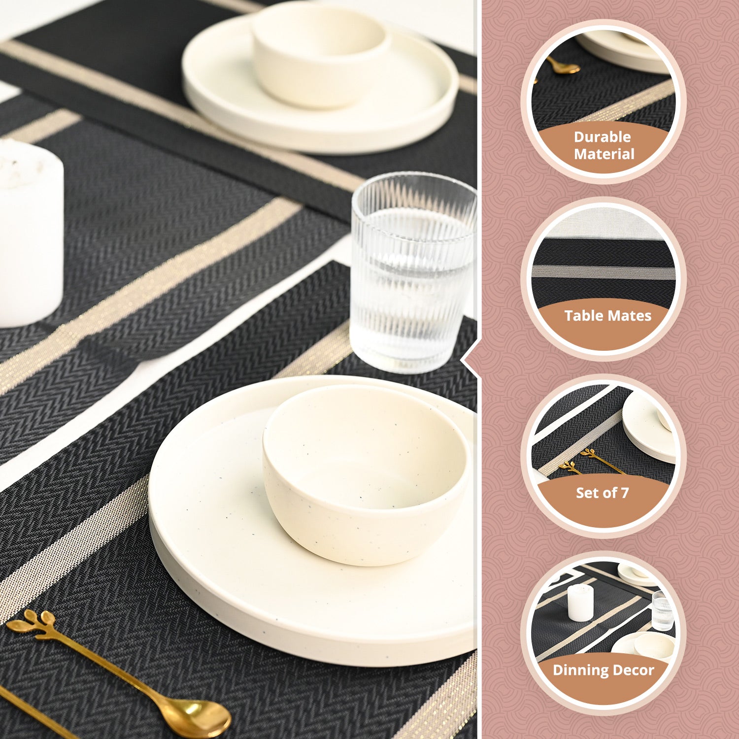 VON CASA Black Table Runner with Placement Pack Of 7