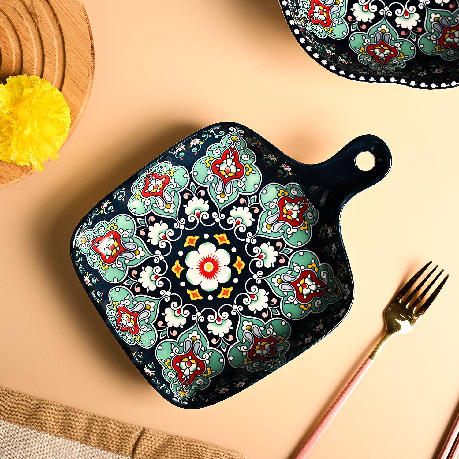 VON CASA Ceramic Square Dish with Handle Navy Blue