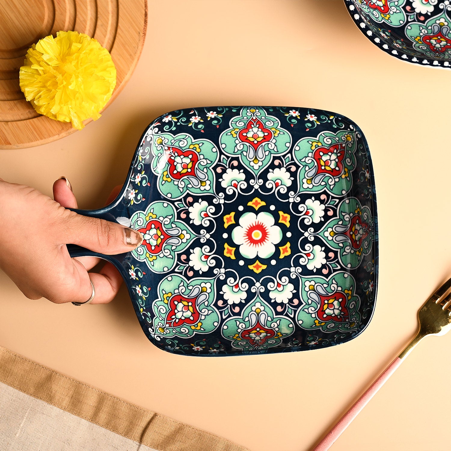 VON CASA Ceramic Square Dish with Handle Navy Blue