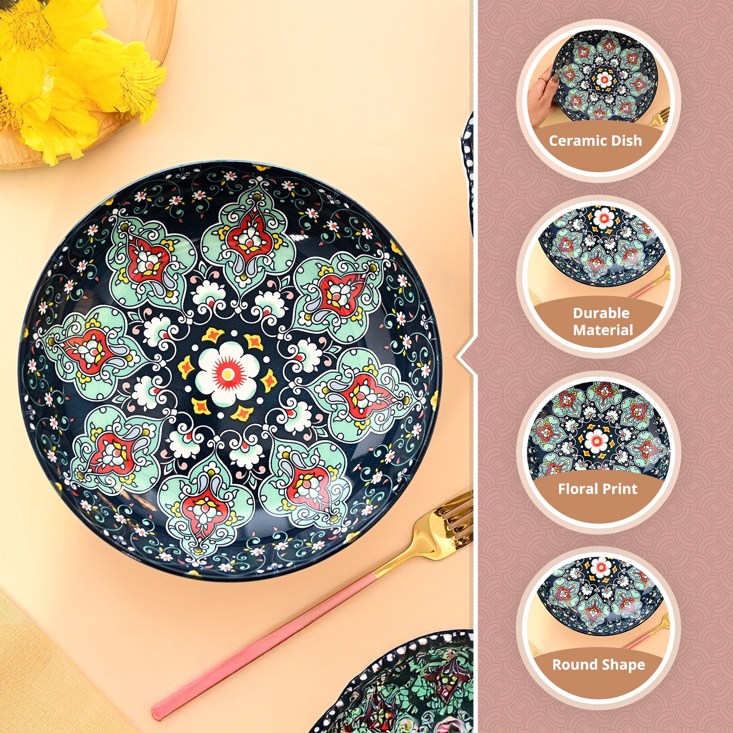 VON CASA Ceramic Mandala Navy Blue Round Platter