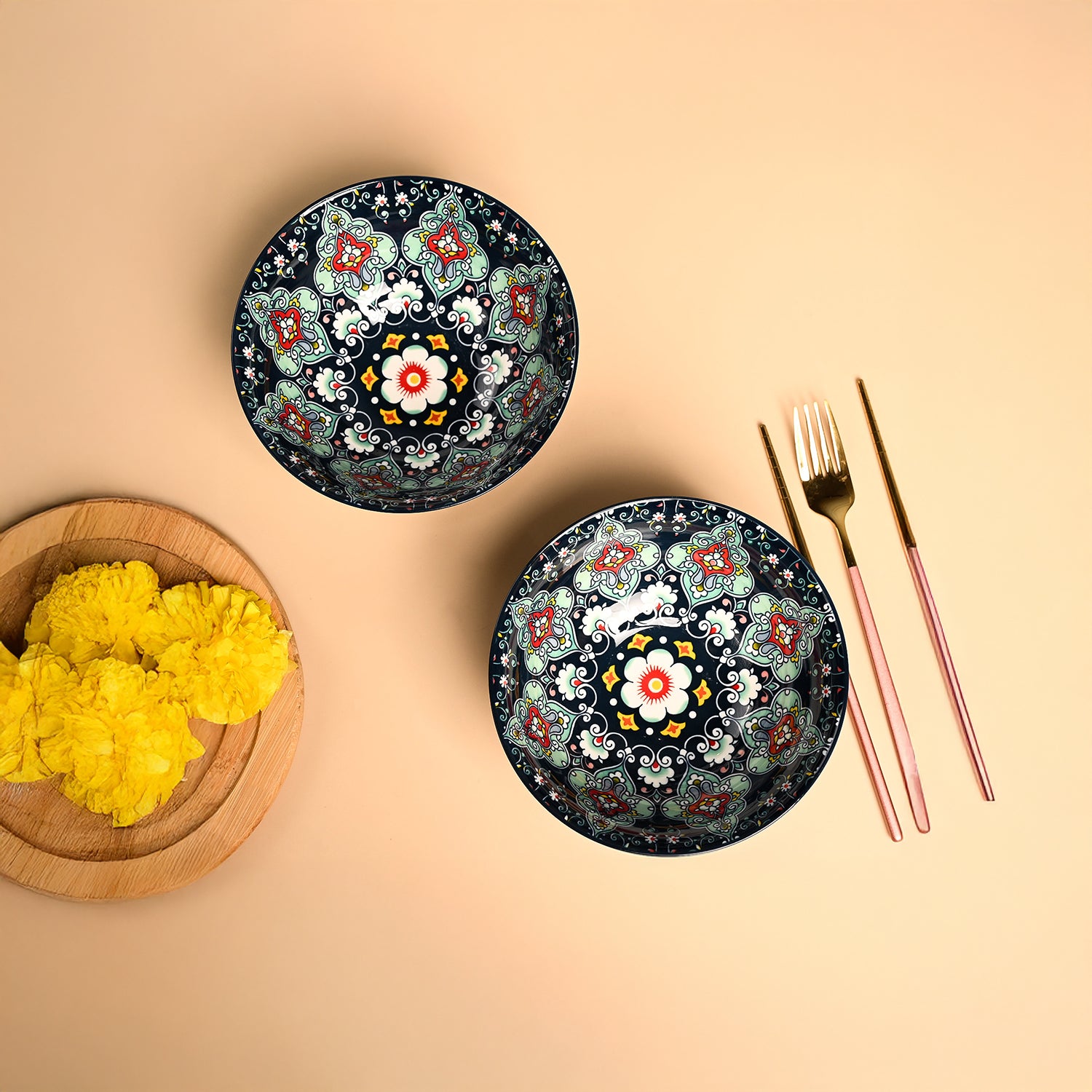 VON CASA Ceramic Mandala Navy Blue Round Serving Bowl Set Of 2