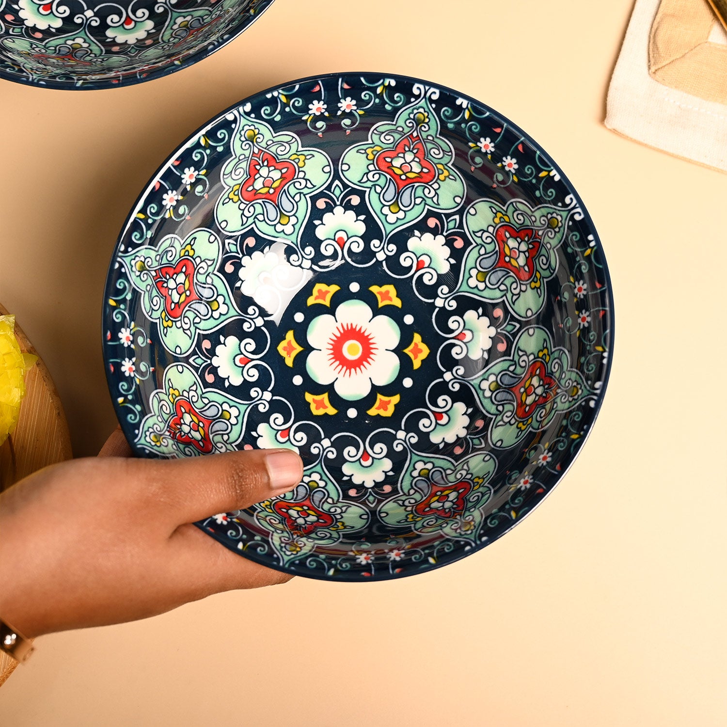 VON CASA Ceramic Mandala Navy Blue Round Serving Bowl Set Of 2