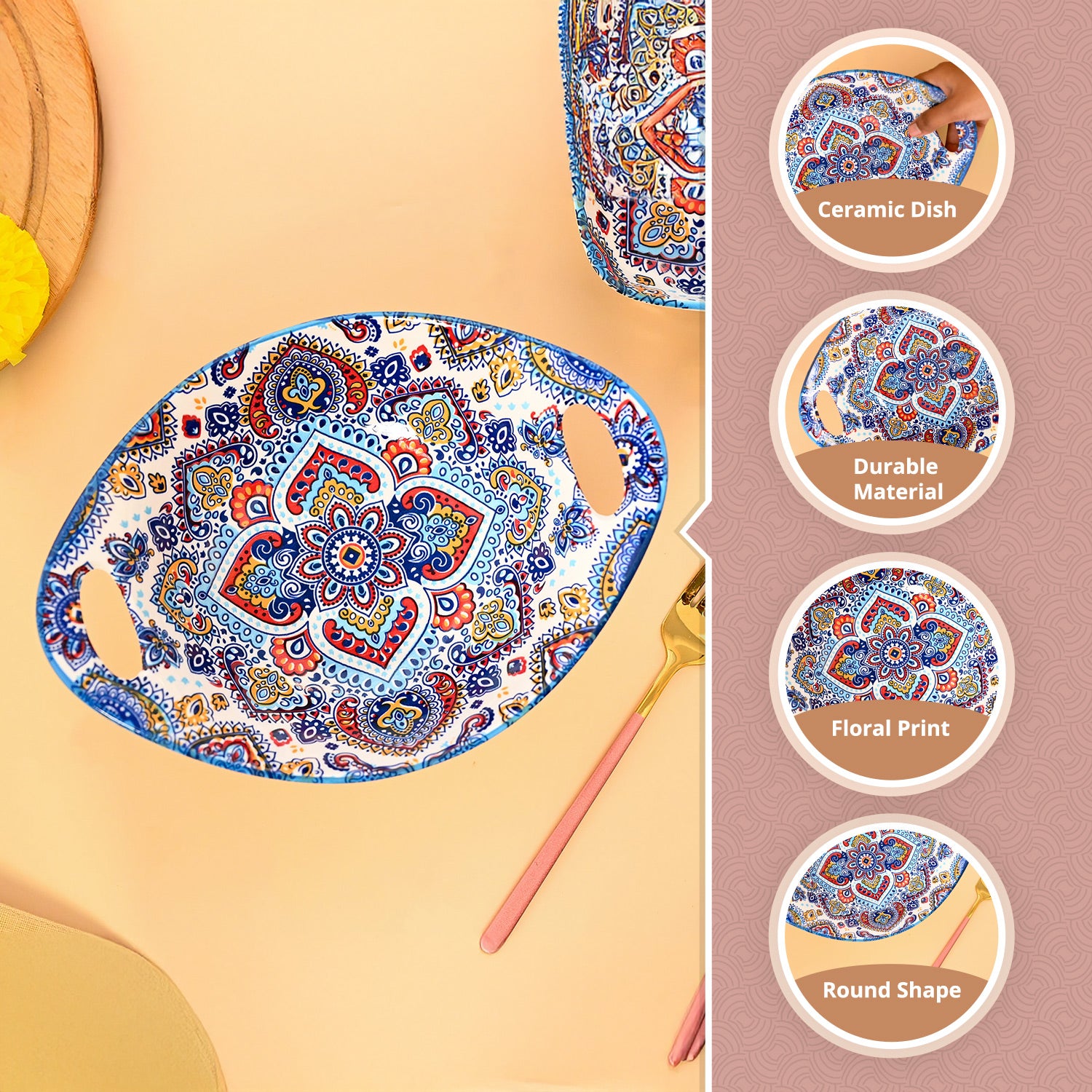 VON CASA Ceramic Mandala Light Blue Long Dish