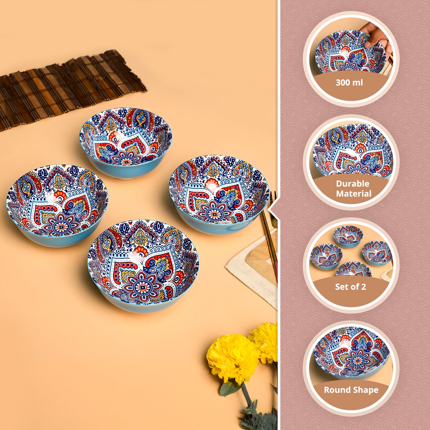 VON CASA Ceramic Mandala Light Blue Bowl Set Of 4
