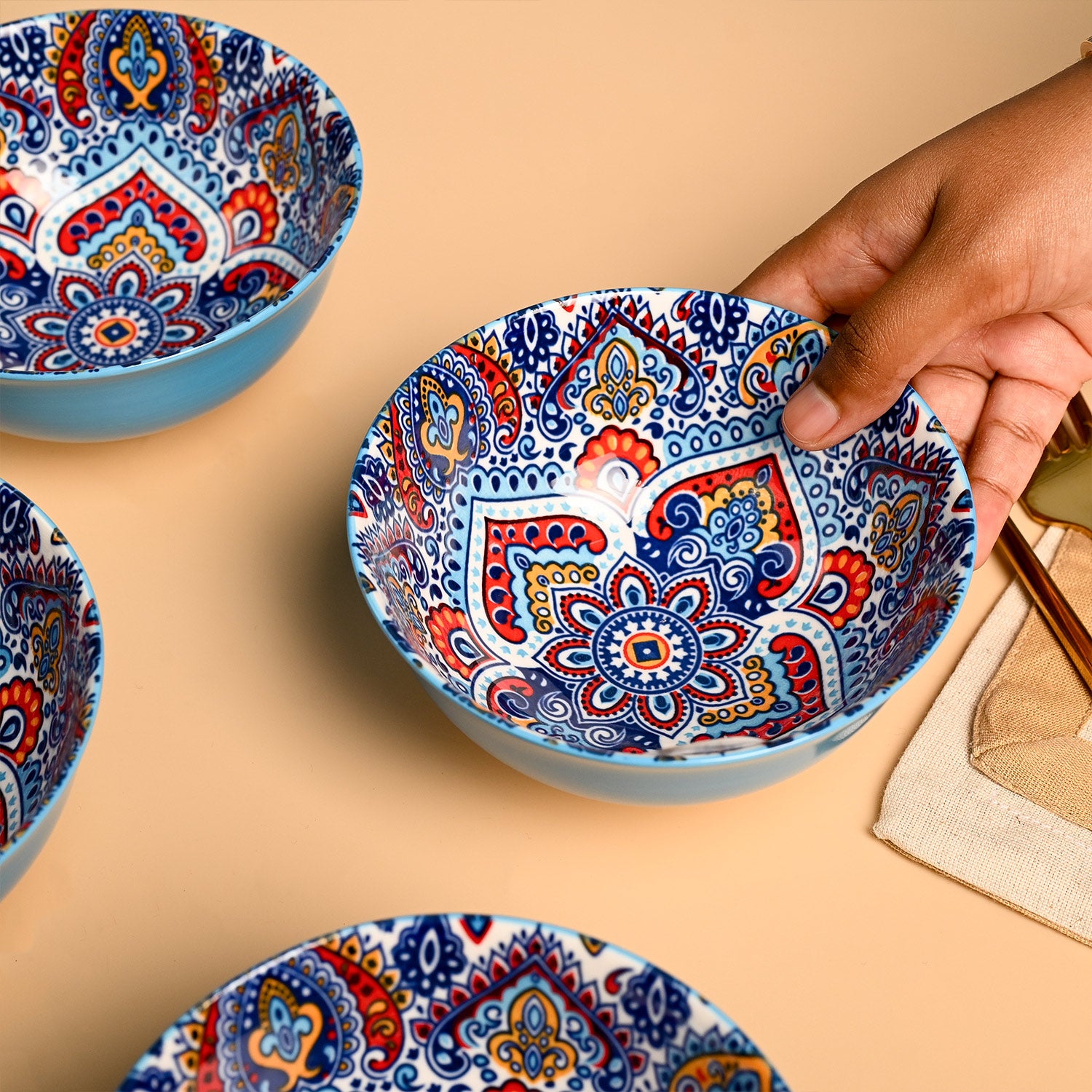 VON CASA Ceramic Mandala Light Blue Bowl Set Of 4