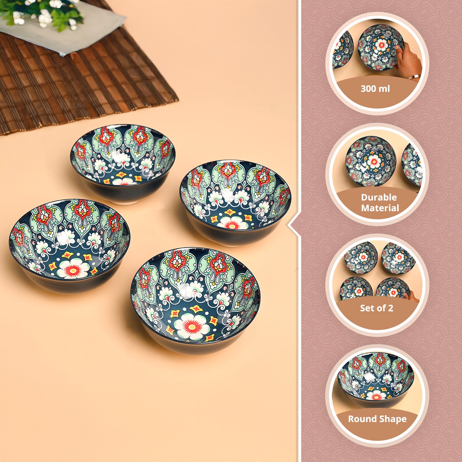 VON CASA Ceramic Mandala Navy Blue Bowl Set Of 4