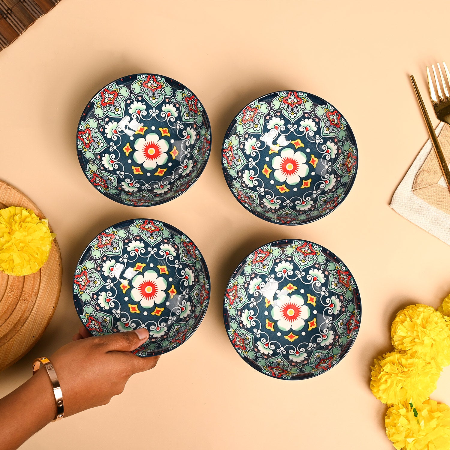 VON CASA Ceramic Mandala Navy Blue Bowl Set Of 4