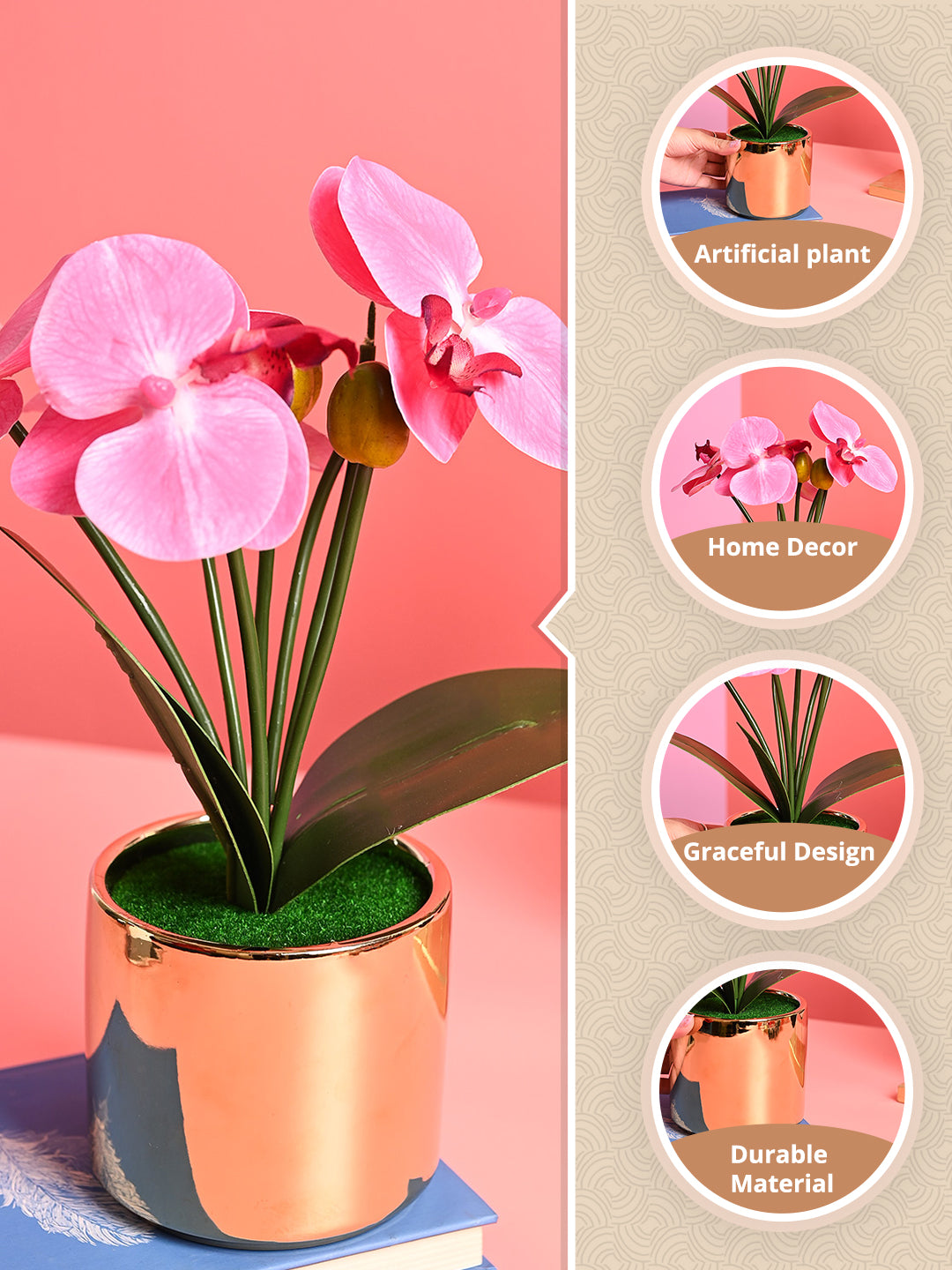 Pink Orchid Flowers With Golden Pot - Indoor Office Plants