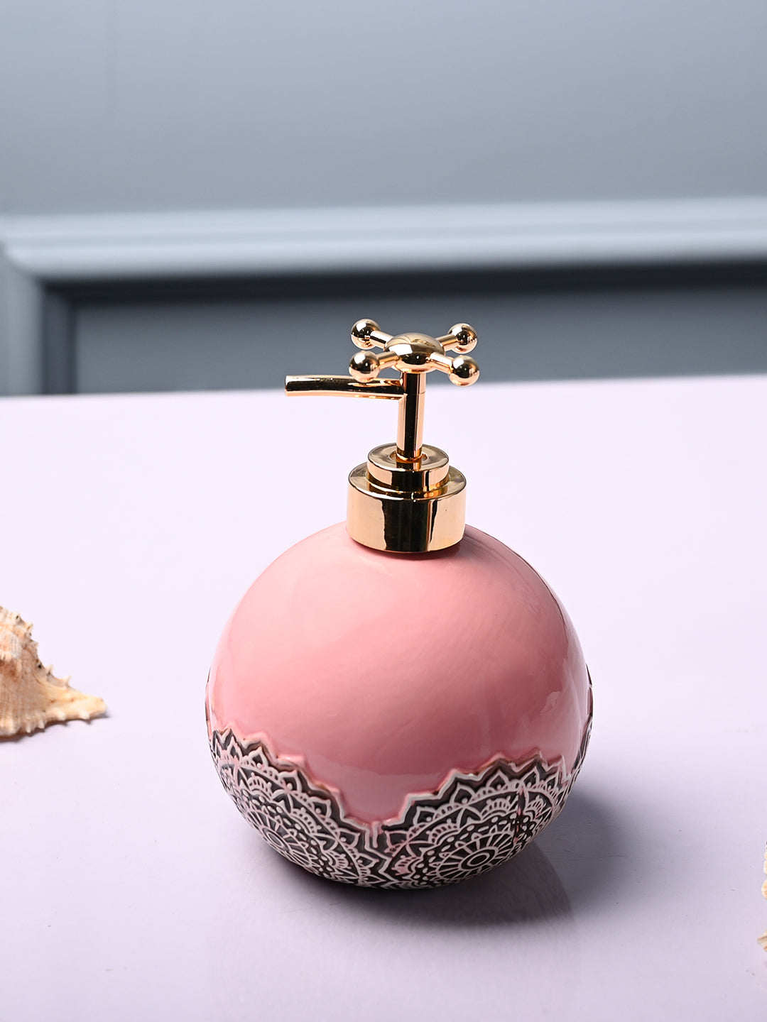 Ceramic Pink Round Soap Dispenser - Embossed Glossy Finish