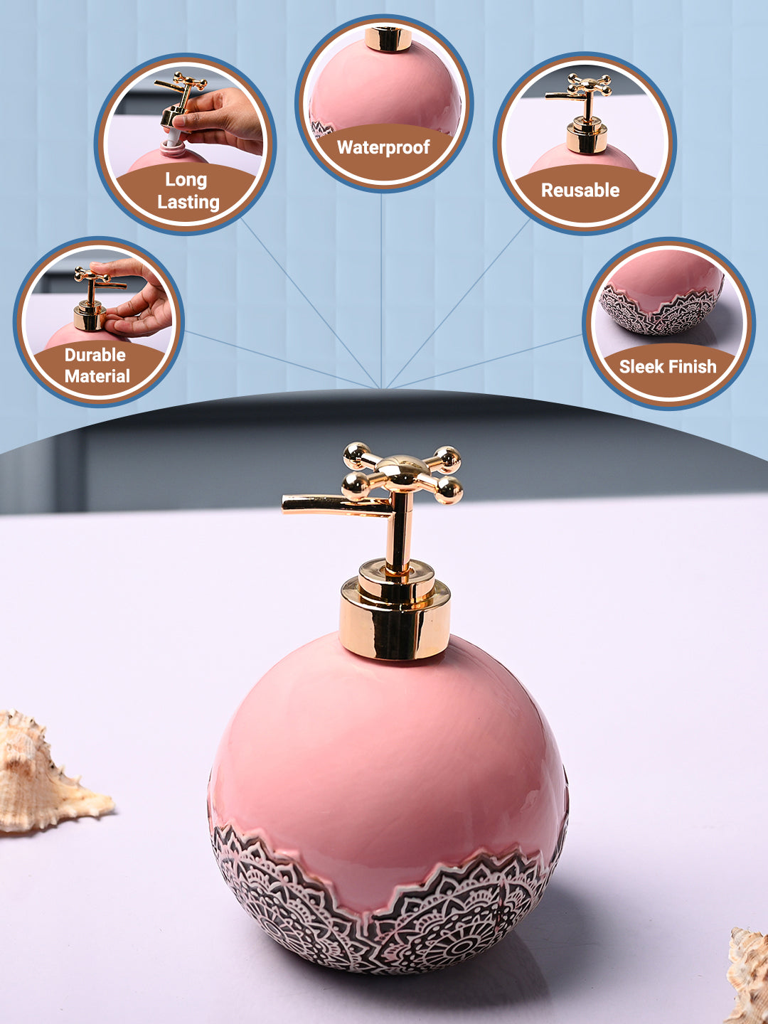 Ceramic Pink Round Soap Dispenser - Embossed Glossy Finish