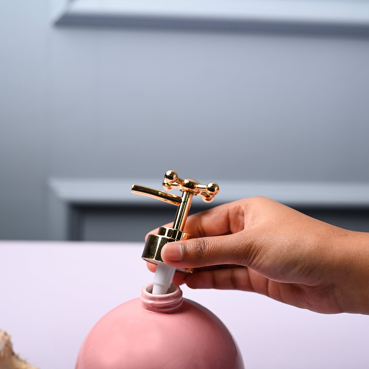 Ceramic Pink Round Soap Dispenser - Embossed Glossy Finish