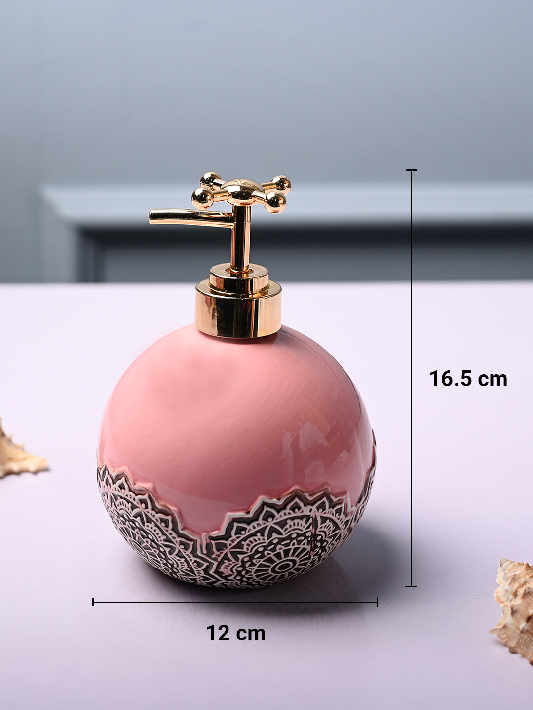 Ceramic Pink Round Soap Dispenser - Embossed Glossy Finish