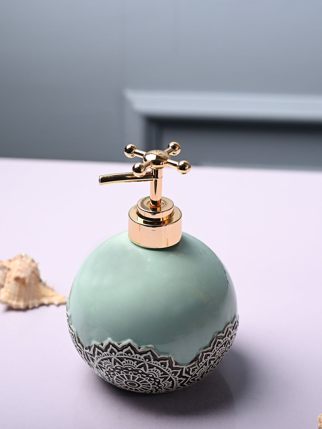 Ceramic Teal Green Round Soap Dispenser - Embossed Glossy Finish