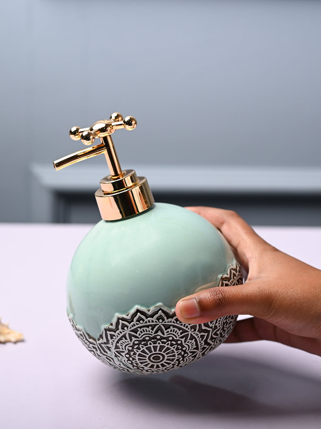 Ceramic Teal Green Round Soap Dispenser - Embossed Glossy Finish