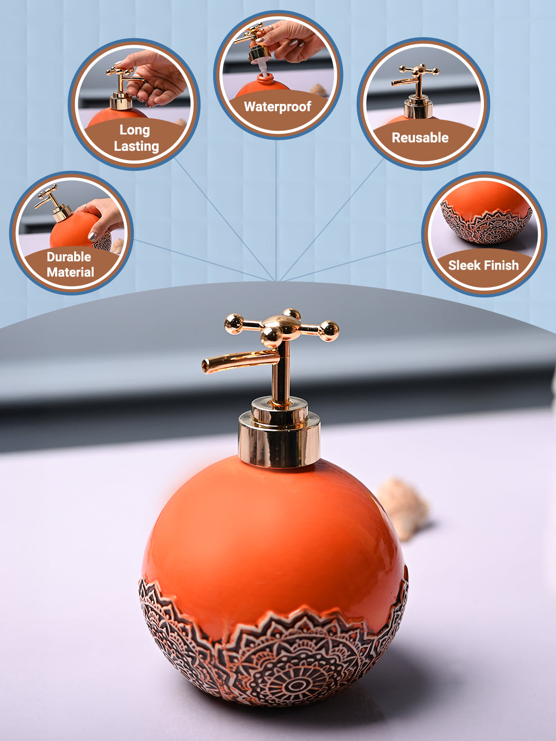 Ceramic Orange Round Soap Dispenser - Embossed Glossy Finish