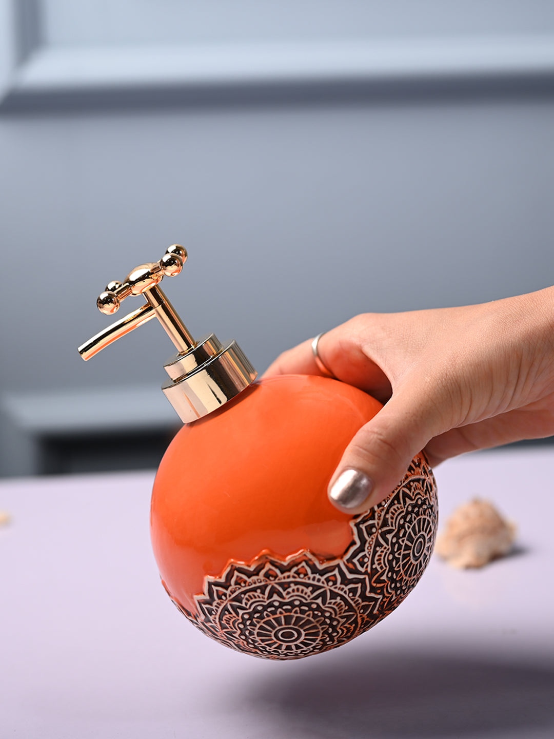 Ceramic Orange Round Soap Dispenser - Embossed Glossy Finish