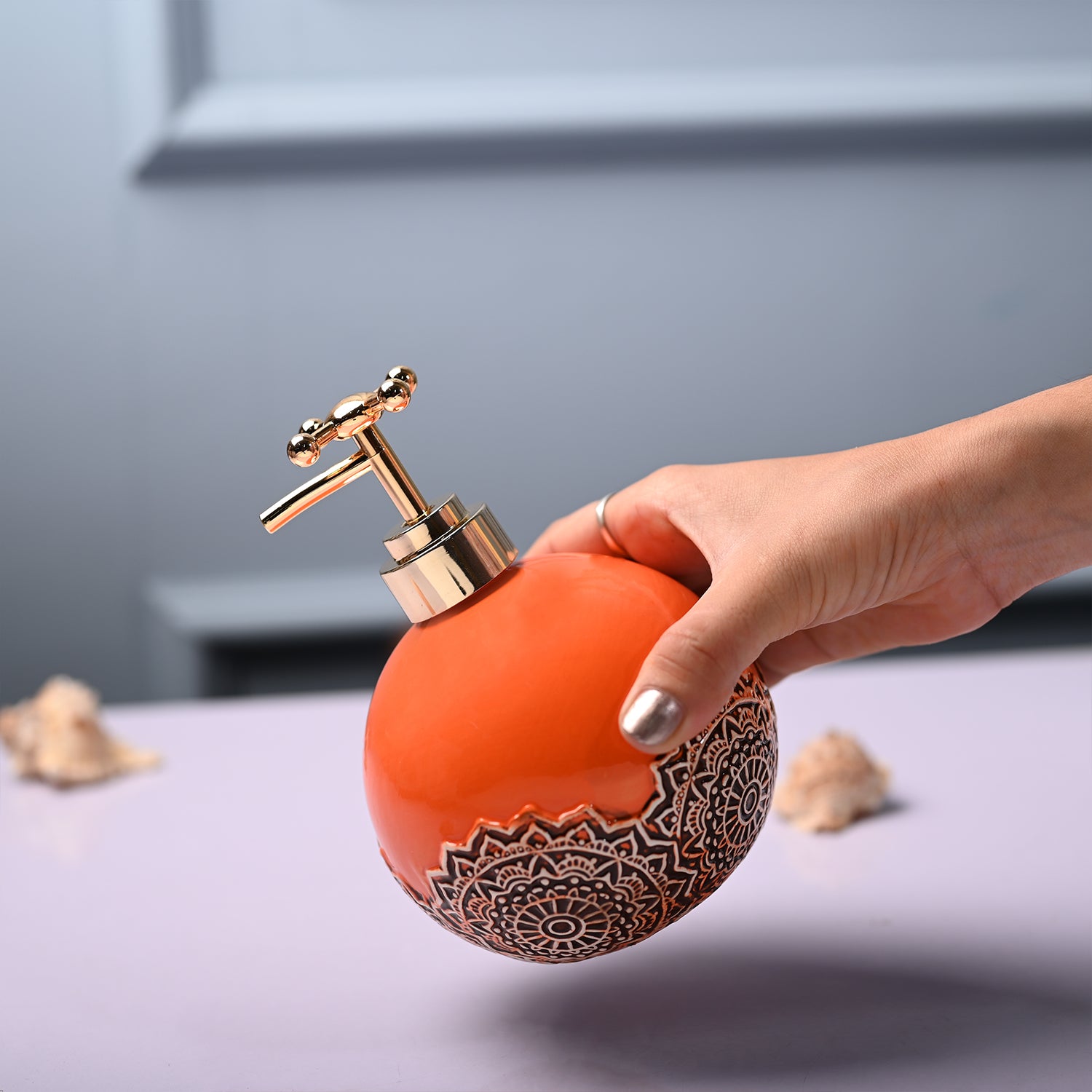 Ceramic Orange Round Soap Dispenser - Embossed Glossy Finish