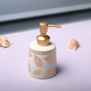 Ceramic Off White Cylindrical Soap Dispenser - Leaf Print Matte Finish