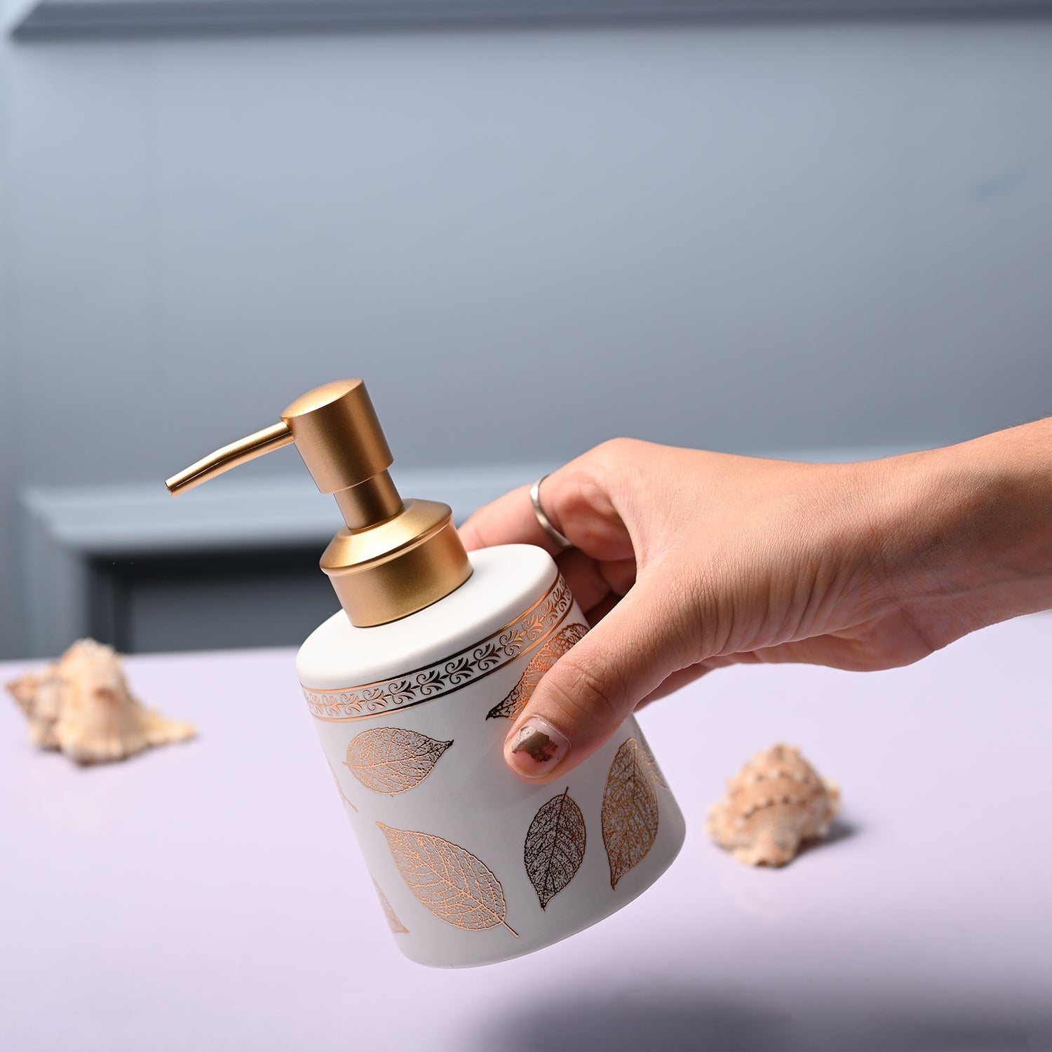 Ceramic Off White Cylindrical Soap Dispenser - Leaf Print Matte Finish
