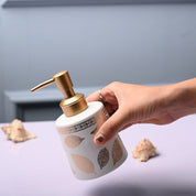 Ceramic Off White Cylindrical Soap Dispenser - Leaf Print Matte Finish