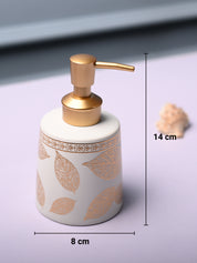 Ceramic Off White Cylindrical Soap Dispenser - Leaf Print Matte Finish