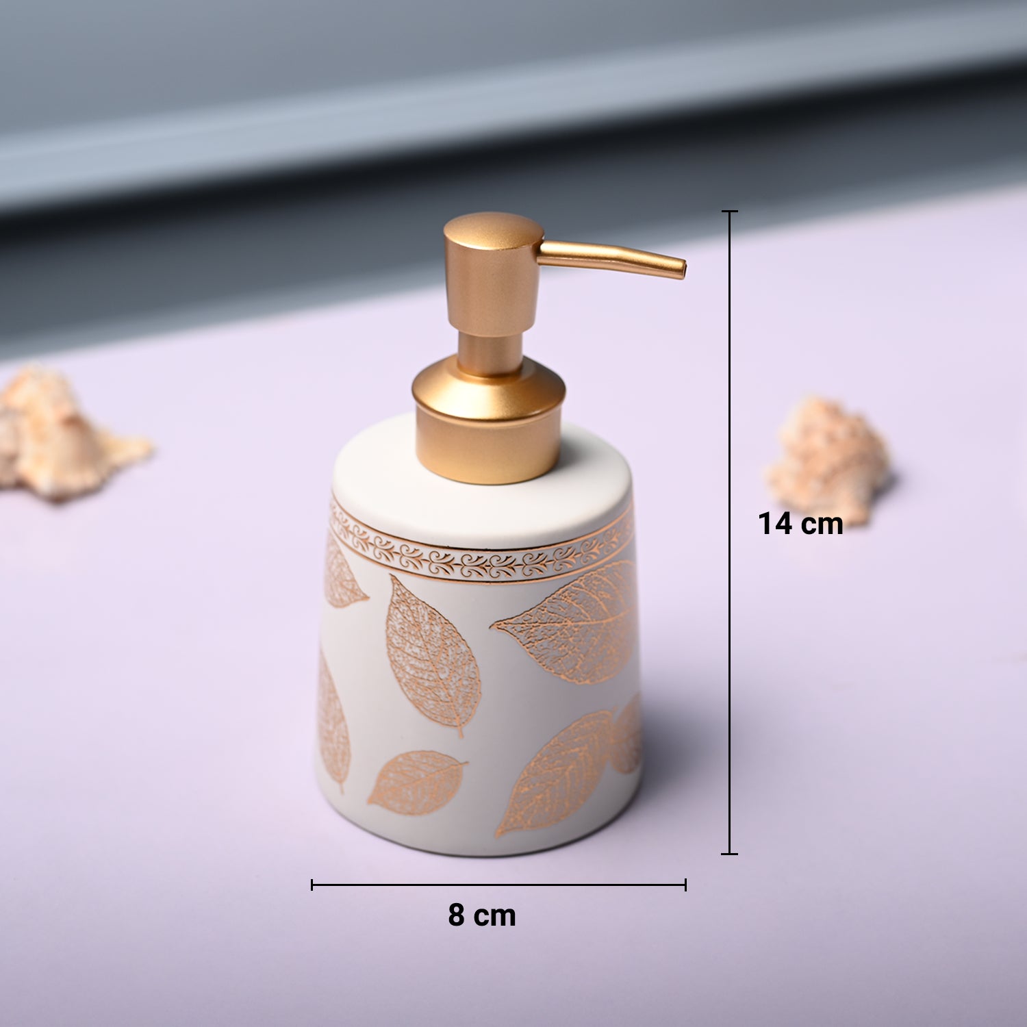 Ceramic Off White Cylindrical Soap Dispenser - Leaf Print Matte Finish