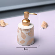 Ceramic Off White Cylindrical Soap Dispenser - Leaf Print Matte Finish