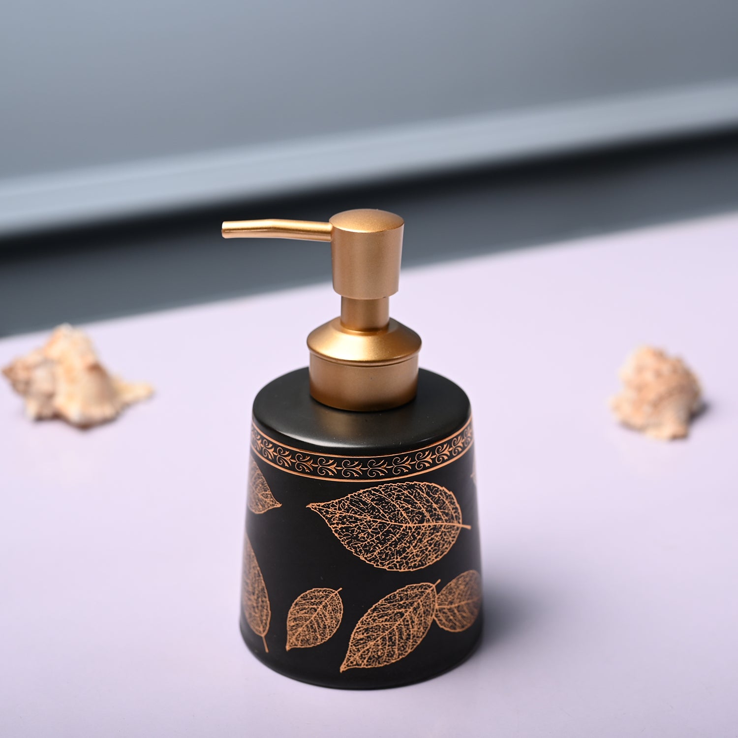 Ceramic Black Cylindrical Soap Dispenser - Leaf Print Matte Finish