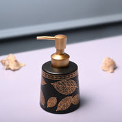Ceramic Black Cylindrical Soap Dispenser - Leaf Print Matte Finish
