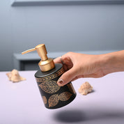 Ceramic Black Cylindrical Soap Dispenser - Leaf Print Matte Finish