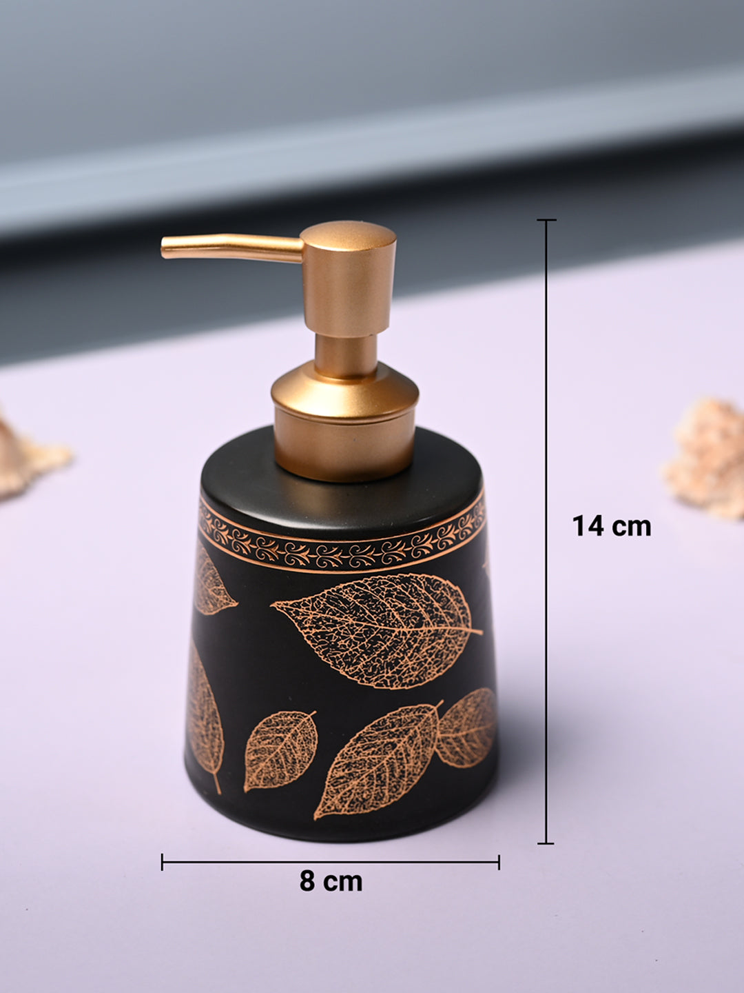 Ceramic Black Cylindrical Soap Dispenser - Leaf Print Matte Finish