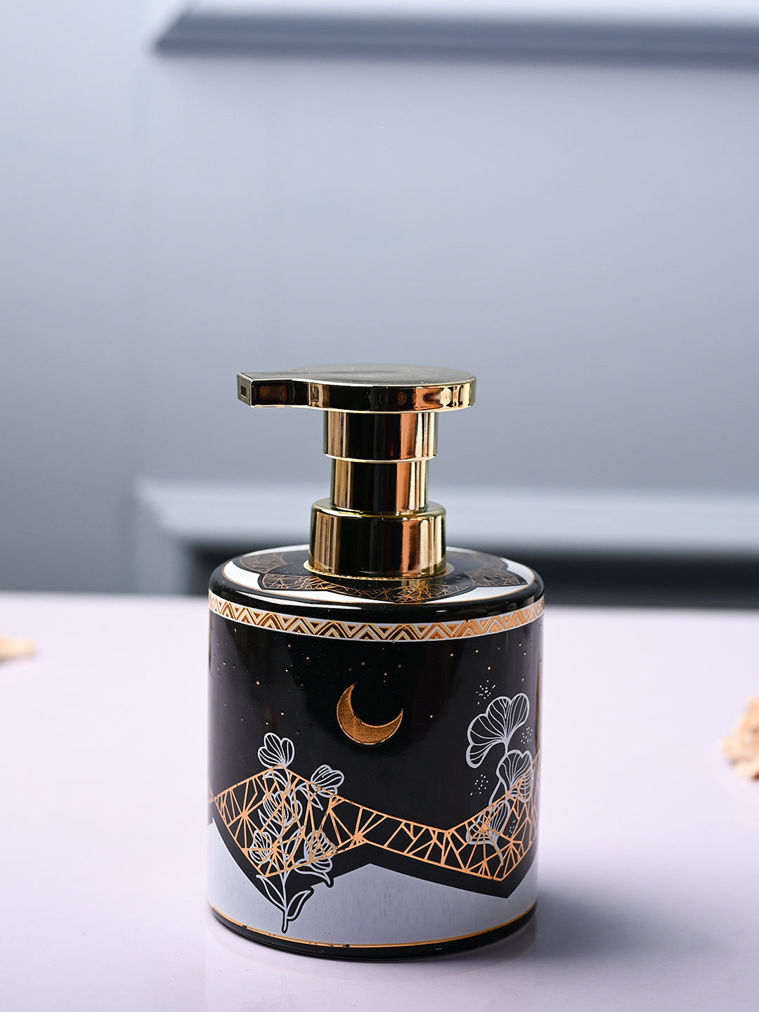 Ceramic Black Cylindrical Soap Dispenser - Print Design Glossy Finish