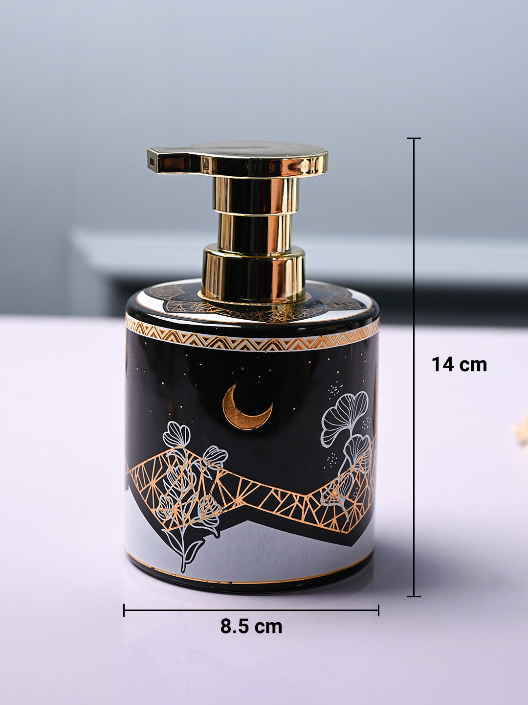 Ceramic Black Cylindrical Soap Dispenser - Print Design Glossy Finish