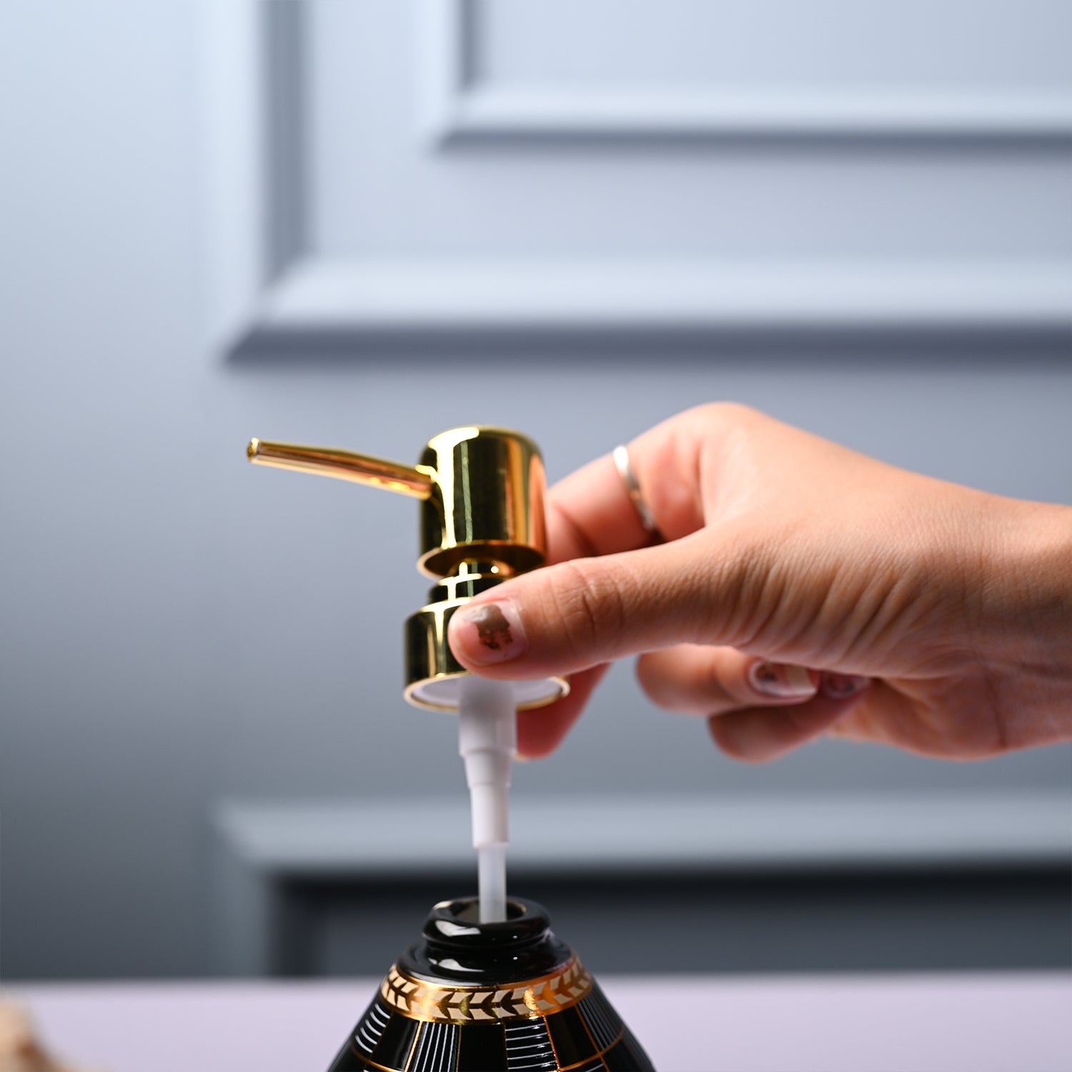 Ceramic Black Cylindrical Soap Dispenser - Geometrical Glossy Finish