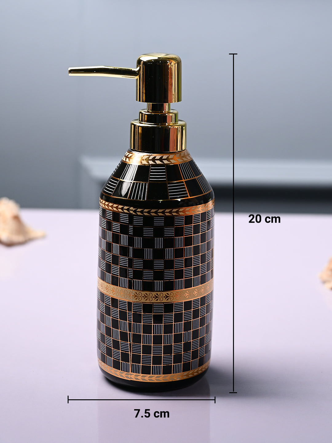 Ceramic Black Cylindrical Soap Dispenser - Geometrical Glossy Finish