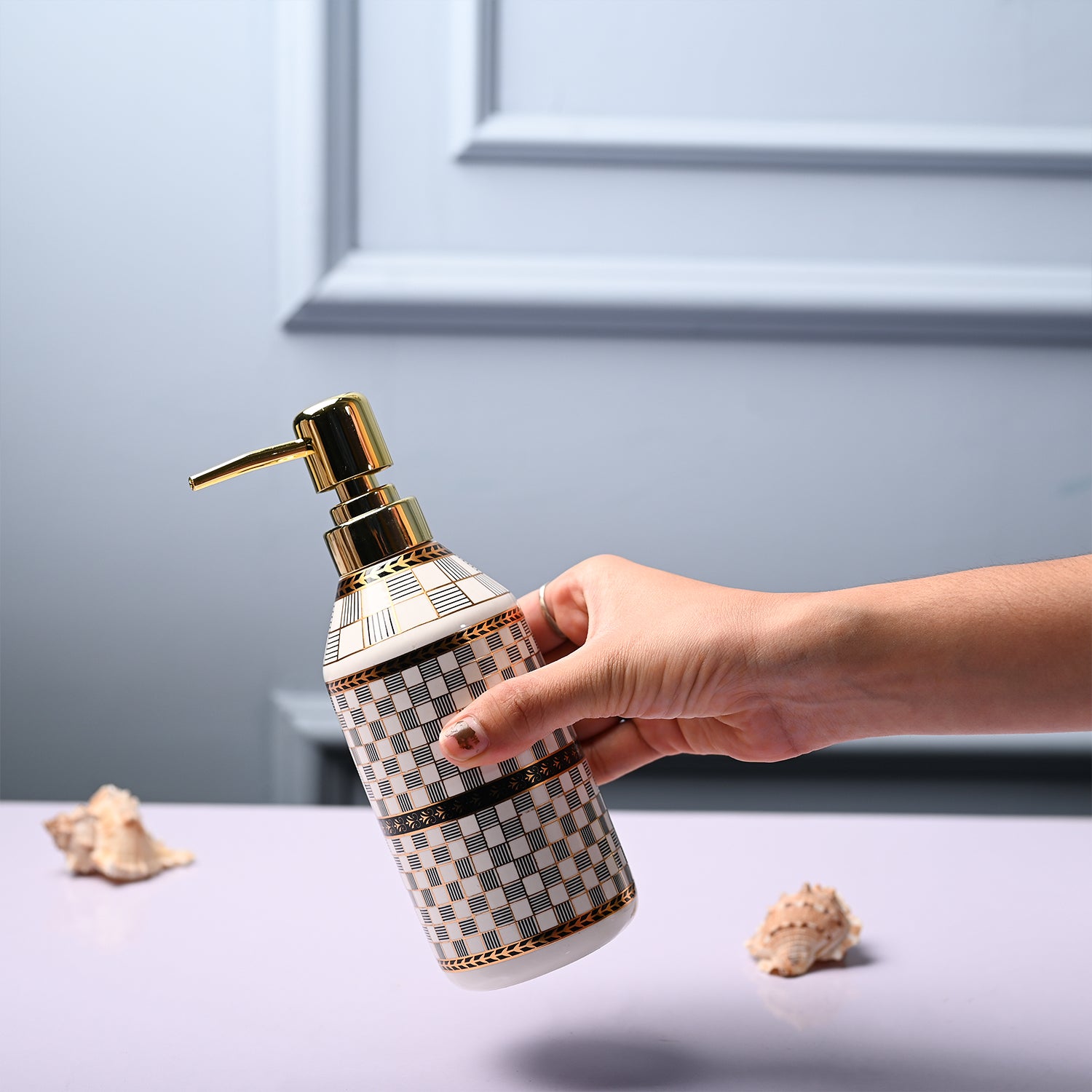 Ceramic Off White Cylindrical Soap Dispenser - Geometrical Glossy Finish